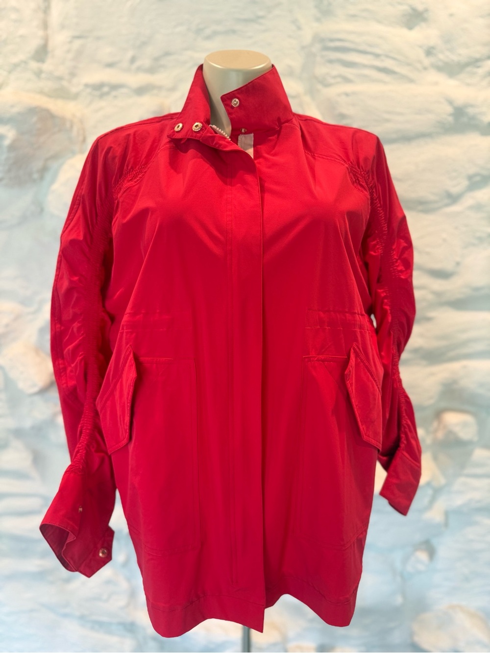 Fabletics Bold Red Lightweight Zip-Front Utility Jacket w Cinched Sleeve Detail
